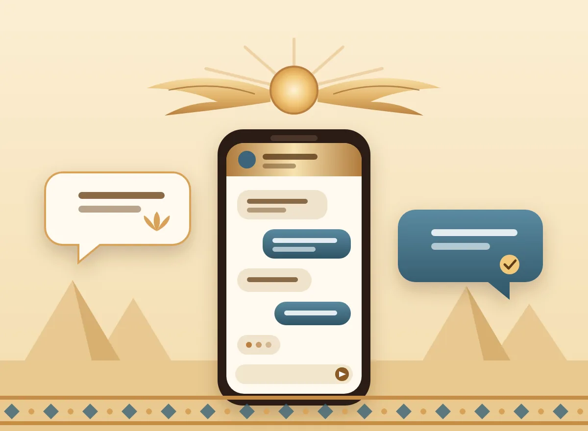 A phone with gold and teal chat bubbles under a winged sun disk, pyramids on the horizon